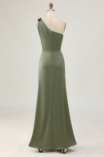 One Shoulder Eucalyptus Mermaid Long Bridesmaid Dress with Slit
